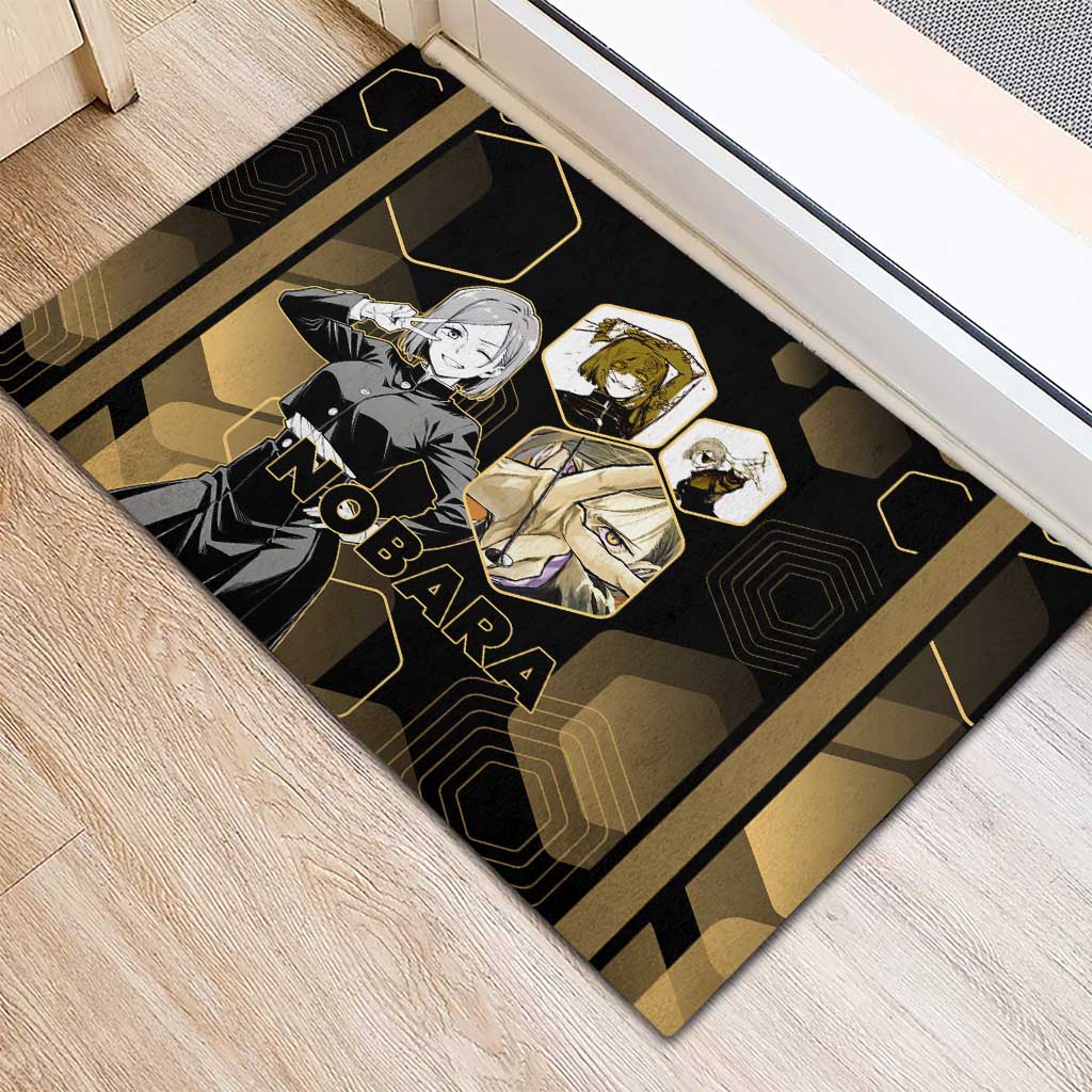 Nobara Kugisaki Jujutsu Kaisen Gold Hexagon Design Rubber Doormat with Confident Expressions and Manga Style Art - The Mazicc