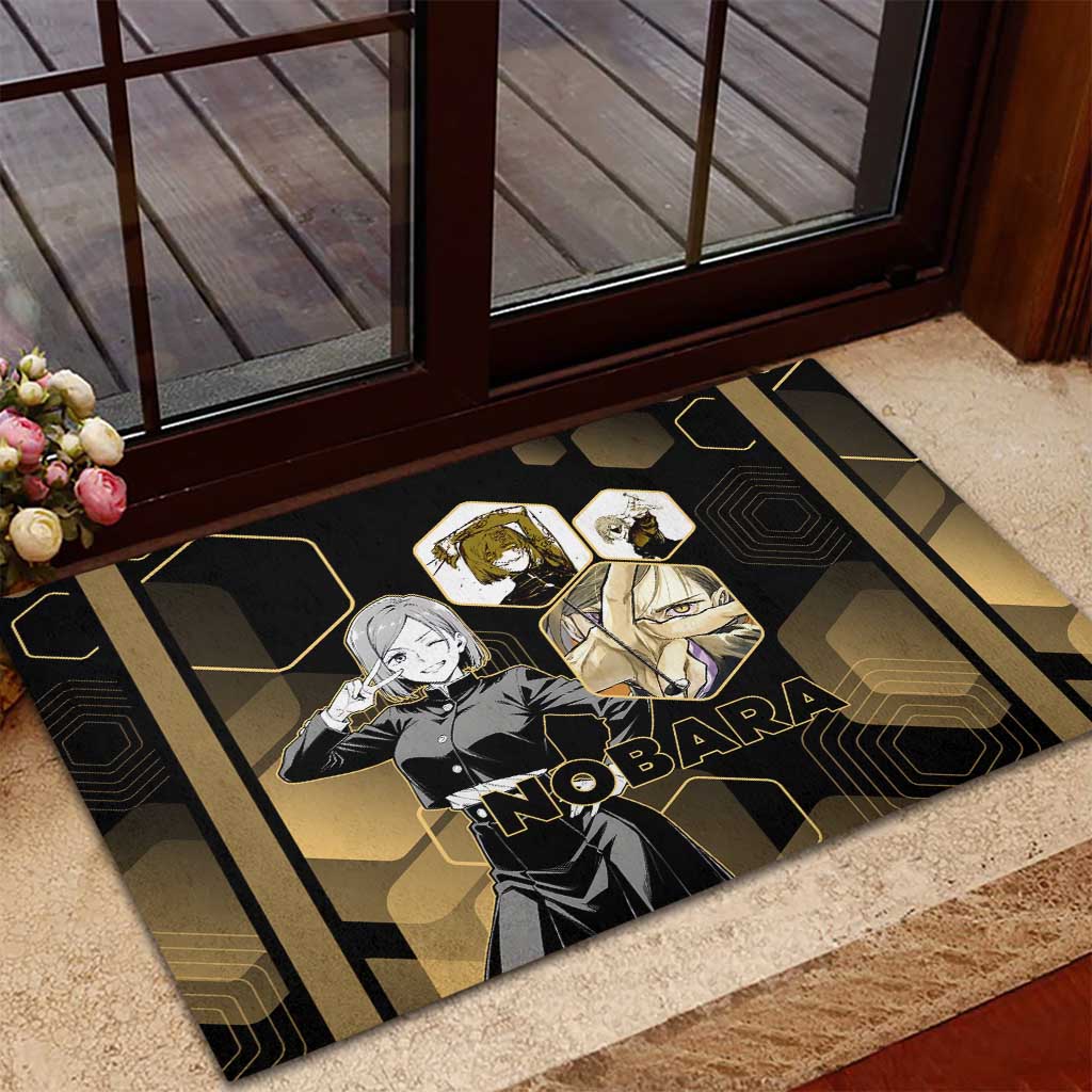 Nobara Kugisaki Jujutsu Kaisen Gold Hexagon Design Rubber Doormat with Confident Expressions and Manga Style Art - The Mazicc