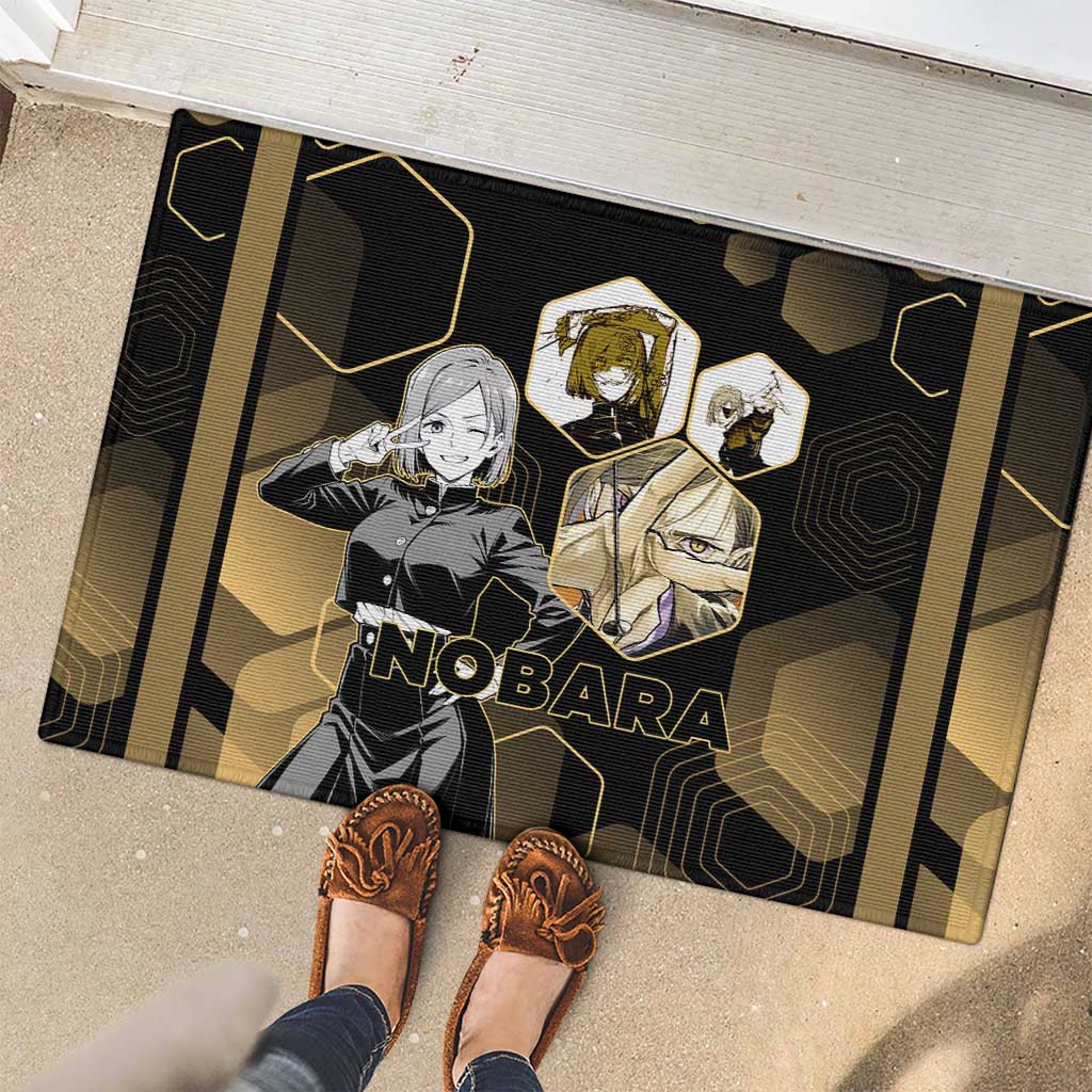 Nobara Kugisaki Jujutsu Kaisen Gold Hexagon Design Rubber Doormat with Confident Expressions and Manga Style Art - The Mazicc