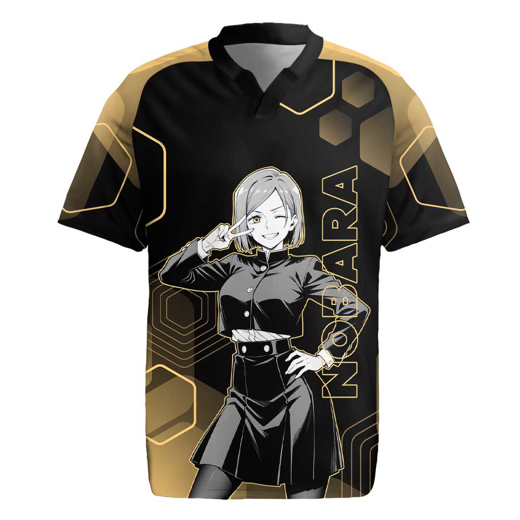 Nobara Kugisaki Jujutsu Kaisen Gold Hexagon Design Rugby Jersey with Confident Expressions and Manga Style Art - The Mazicc