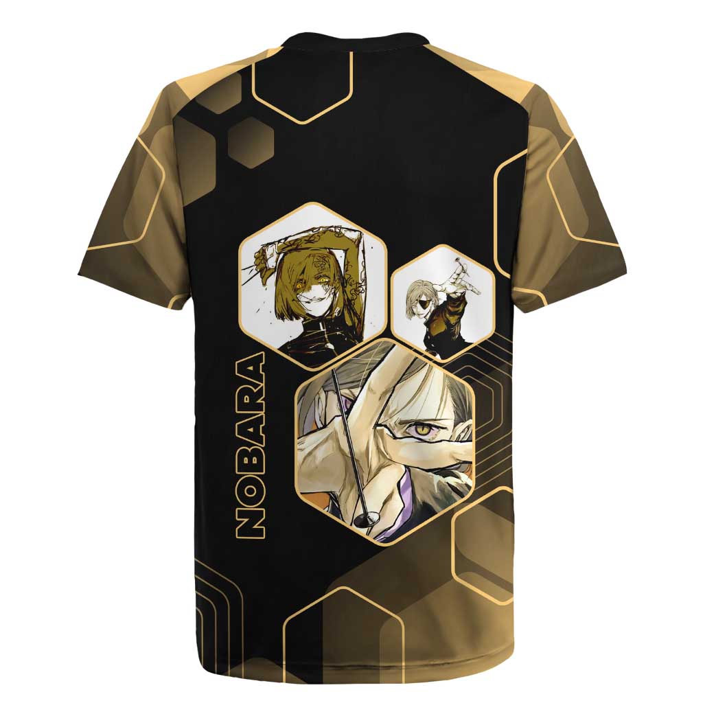 Nobara Kugisaki Jujutsu Kaisen Gold Hexagon Design Rugby Jersey with Confident Expressions and Manga Style Art - The Mazicc