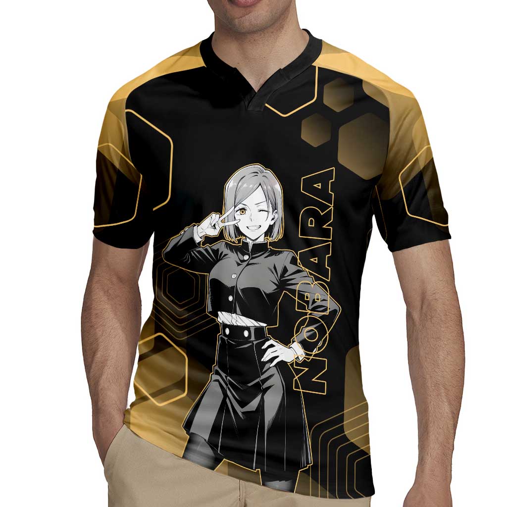 Nobara Kugisaki Jujutsu Kaisen Gold Hexagon Design Rugby Jersey with Confident Expressions and Manga Style Art - The Mazicc