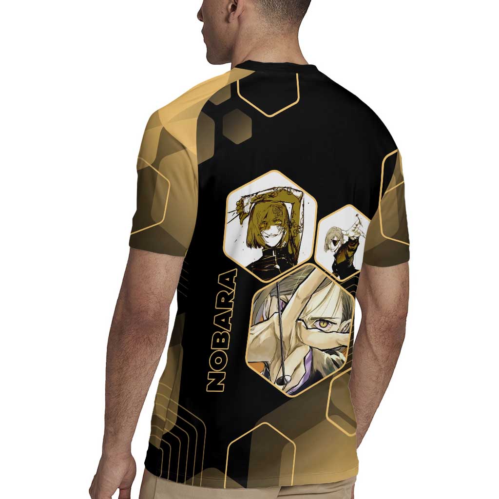 Nobara Kugisaki Jujutsu Kaisen Gold Hexagon Design Rugby Jersey with Confident Expressions and Manga Style Art - The Mazicc