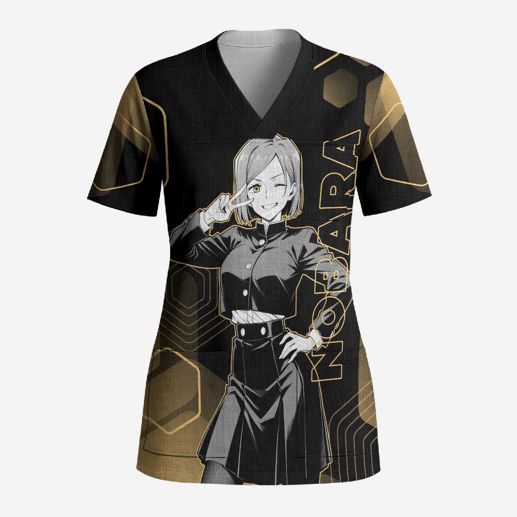 Nobara Kugisaki Jujutsu Kaisen Gold Hexagon Design Scrub Top with Confident Expressions and Manga Style Art - The Mazicc