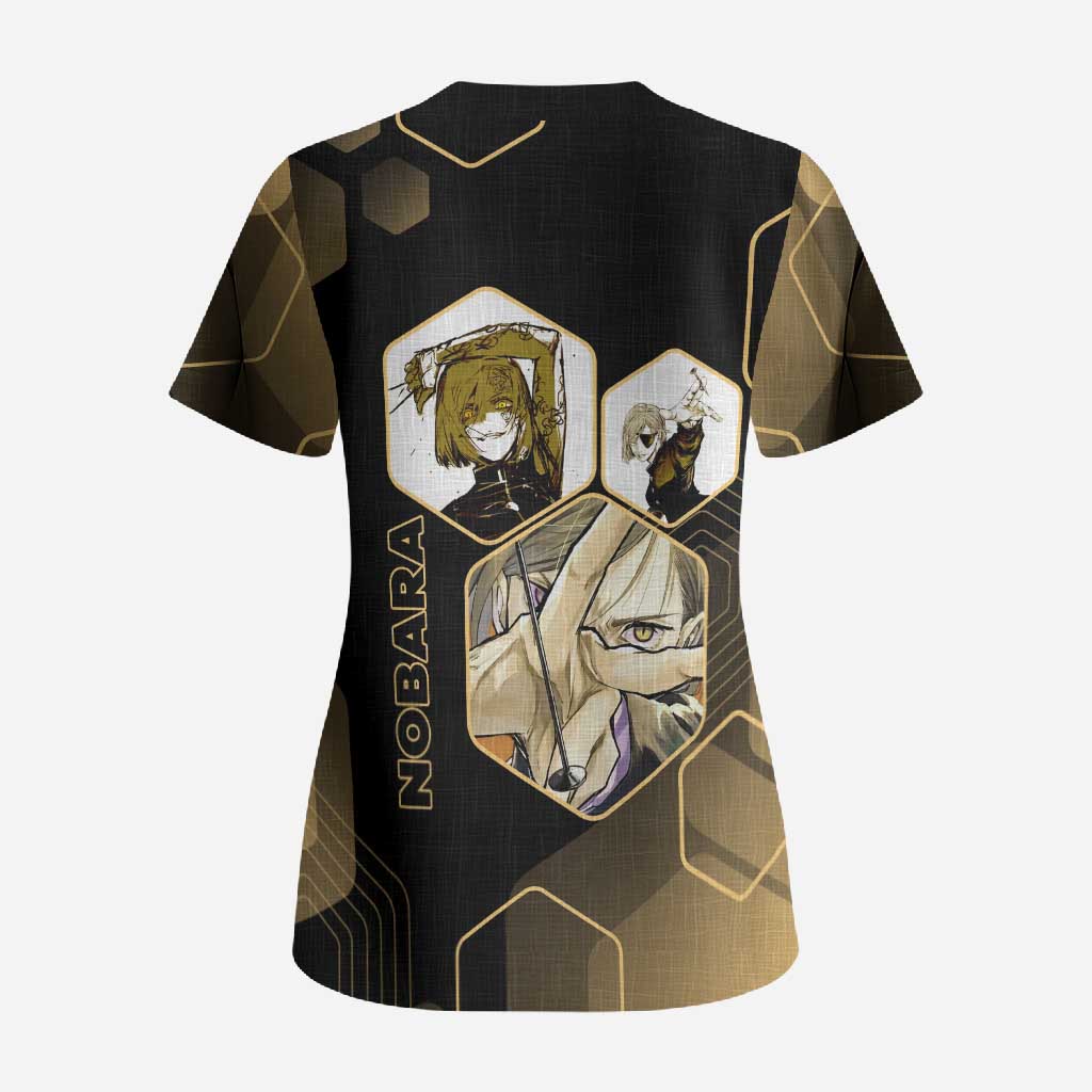 Nobara Kugisaki Jujutsu Kaisen Gold Hexagon Design Scrub Top with Confident Expressions and Manga Style Art - The Mazicc