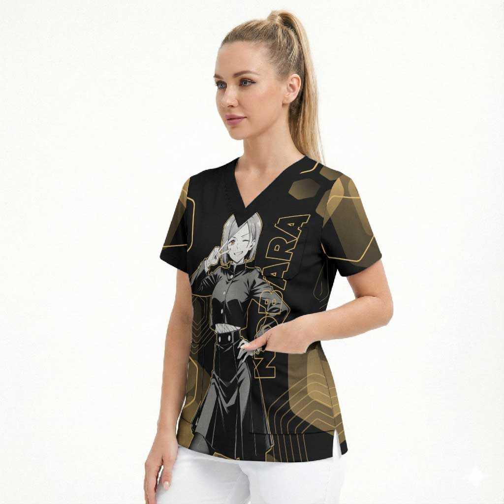 Nobara Kugisaki Jujutsu Kaisen Gold Hexagon Design Scrub Top with Confident Expressions and Manga Style Art - The Mazicc