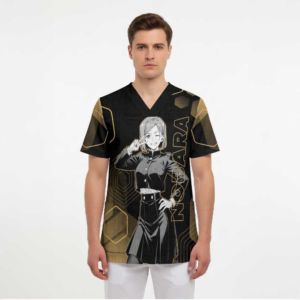 Nobara Kugisaki Jujutsu Kaisen Gold Hexagon Design Scrub Top with Confident Expressions and Manga Style Art - The Mazicc