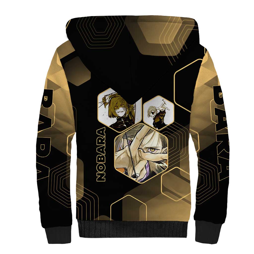 Nobara Kugisaki Jujutsu Kaisen Gold Hexagon Design Sherpa Hoodie with Confident Expressions and Manga Style Art - The Mazicc