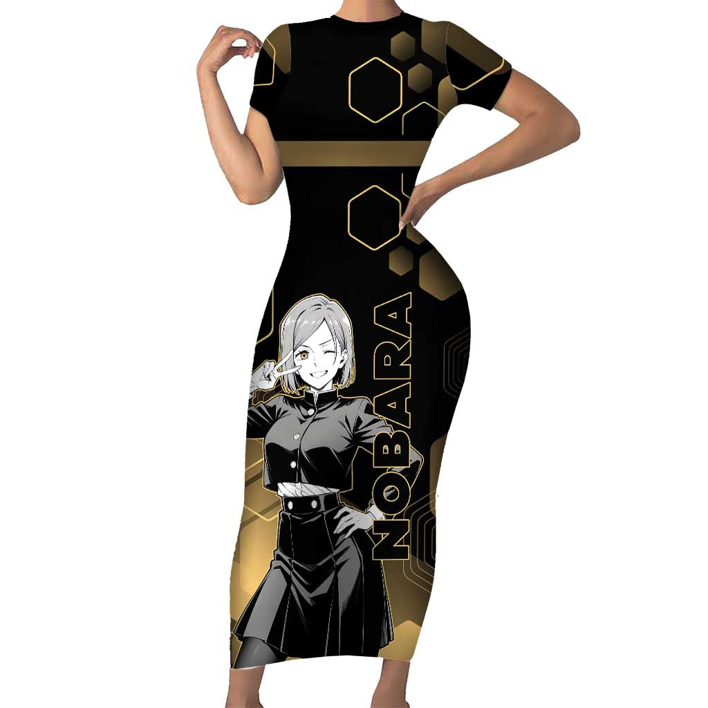 Nobara Kugisaki Jujutsu Kaisen Gold Hexagon Design Short Sleeve Bodycon Dress with Confident Expressions and Manga Style Art - The Mazicc