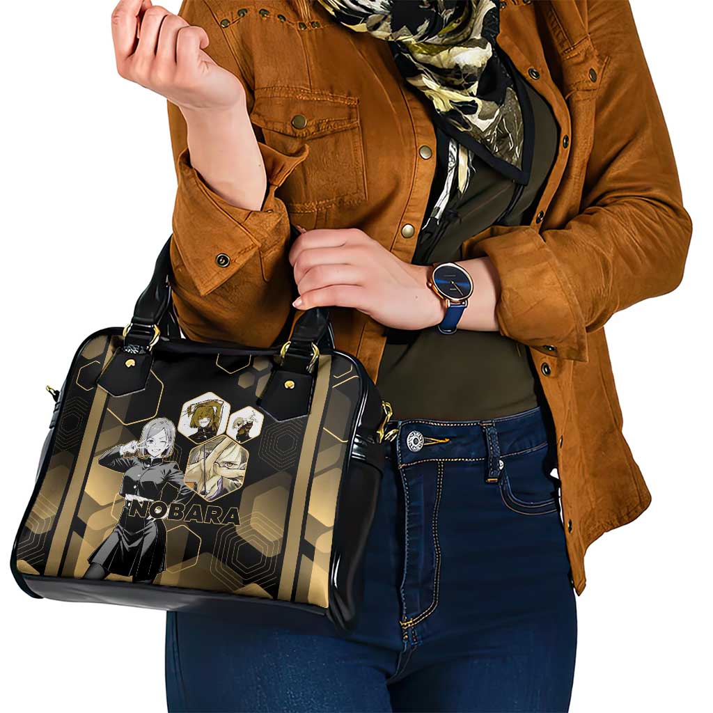 Nobara Kugisaki Jujutsu Kaisen Gold Hexagon Design Shoulder Handbag with Confident Expressions and Manga Style Art - The Mazicc