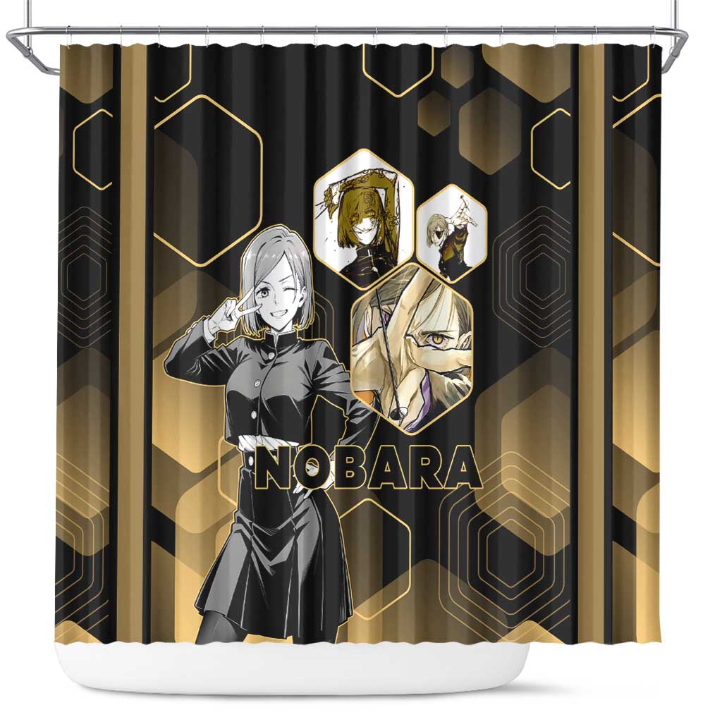 Nobara Kugisaki Jujutsu Kaisen Gold Hexagon Design Shower Curtain with Confident Expressions and Manga Style Art - The Mazicc