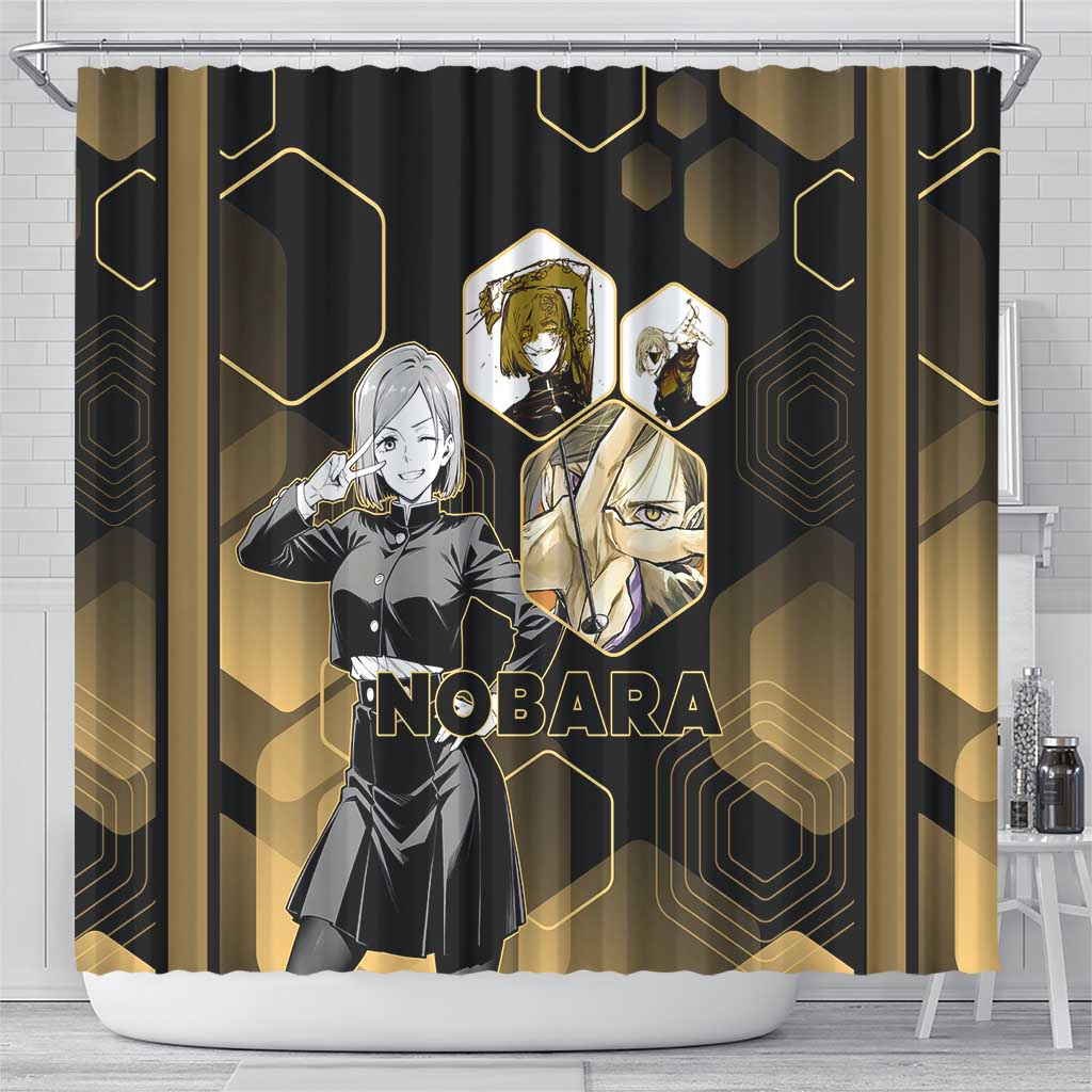 Nobara Kugisaki Jujutsu Kaisen Gold Hexagon Design Shower Curtain with Confident Expressions and Manga Style Art - The Mazicc