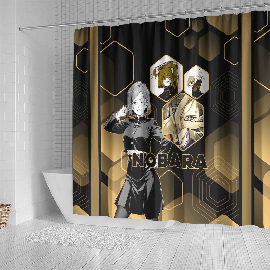 Nobara Kugisaki Jujutsu Kaisen Gold Hexagon Design Shower Curtain with Confident Expressions and Manga Style Art - The Mazicc