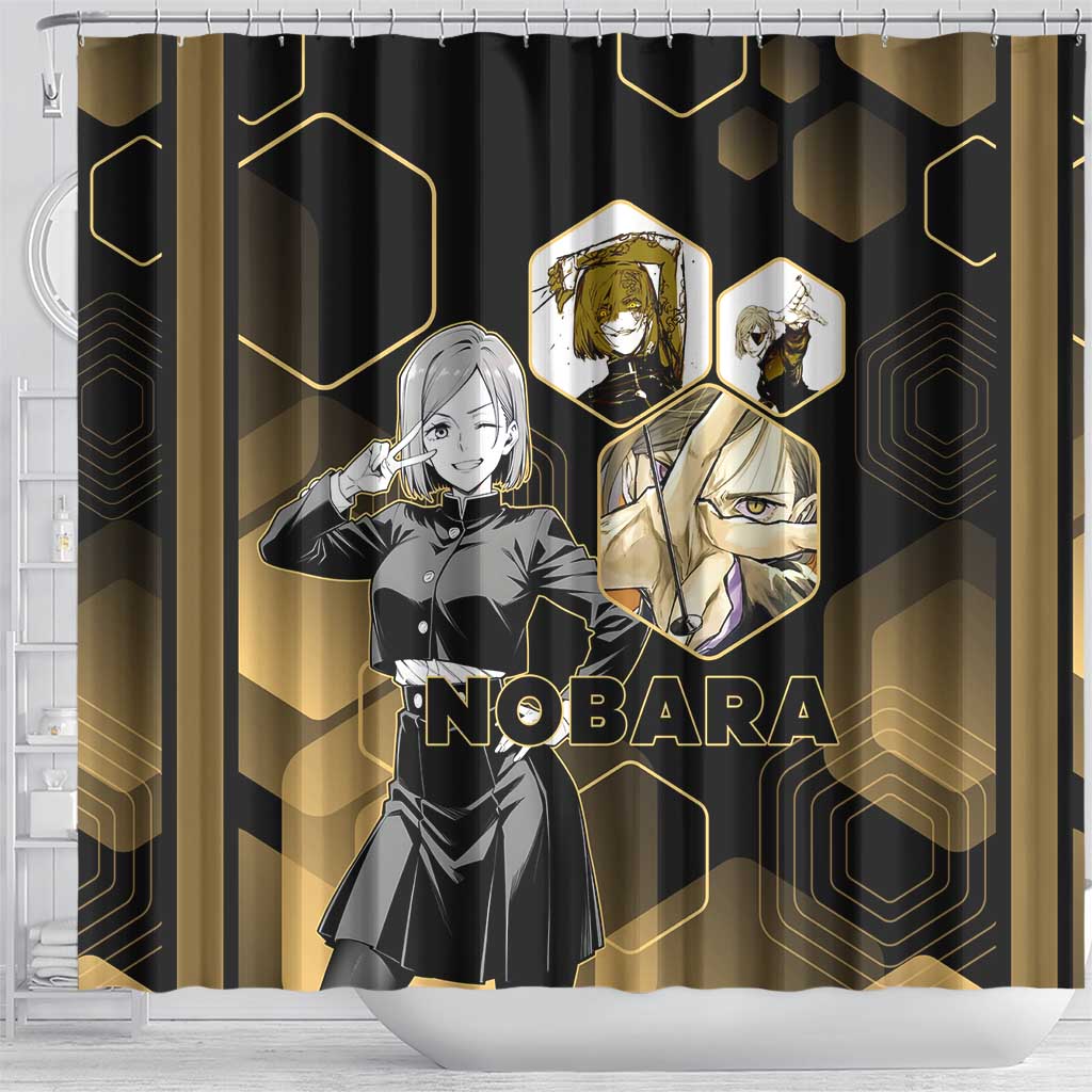 Nobara Kugisaki Jujutsu Kaisen Gold Hexagon Design Shower Curtain with Confident Expressions and Manga Style Art - The Mazicc