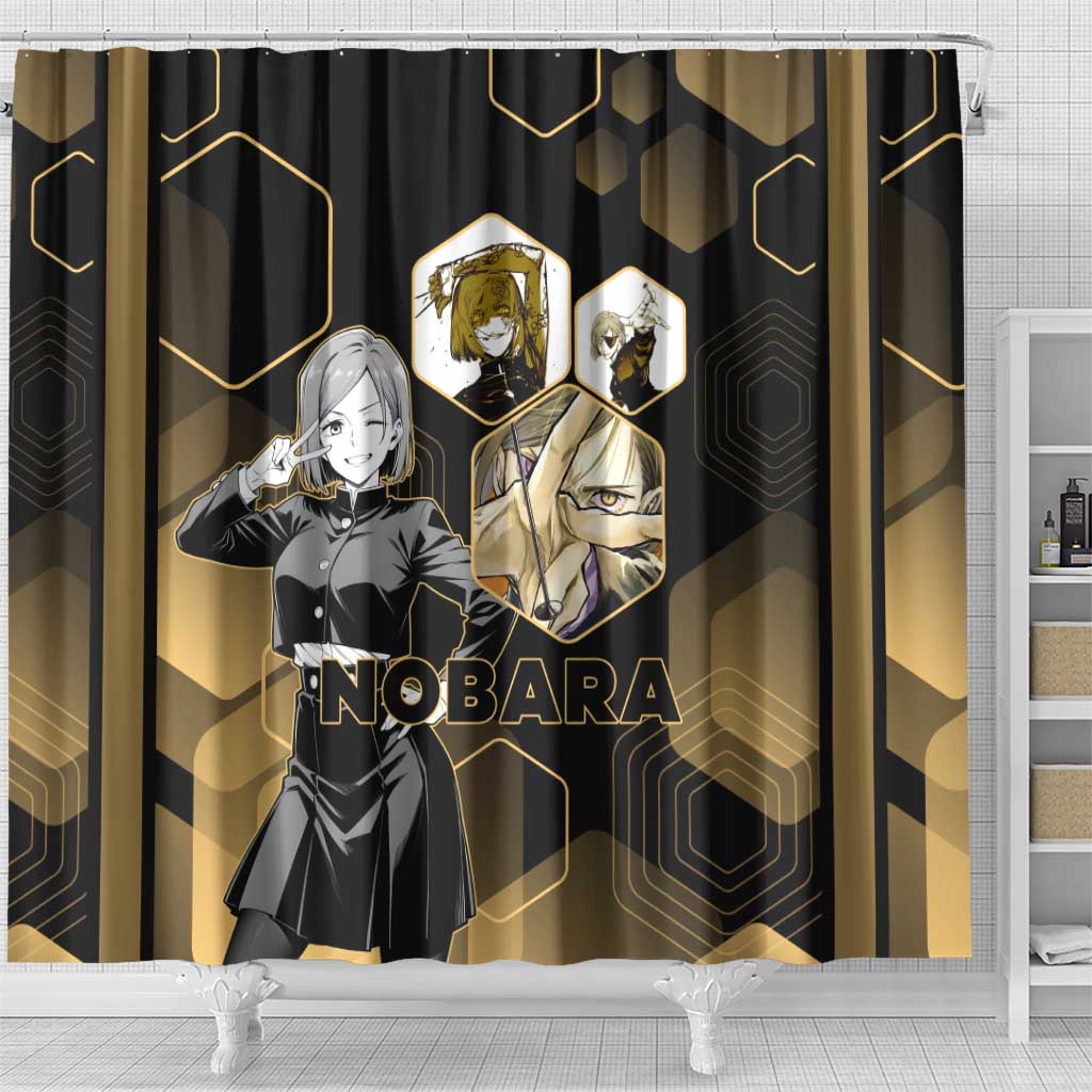 Nobara Kugisaki Jujutsu Kaisen Gold Hexagon Design Shower Curtain with Confident Expressions and Manga Style Art - The Mazicc