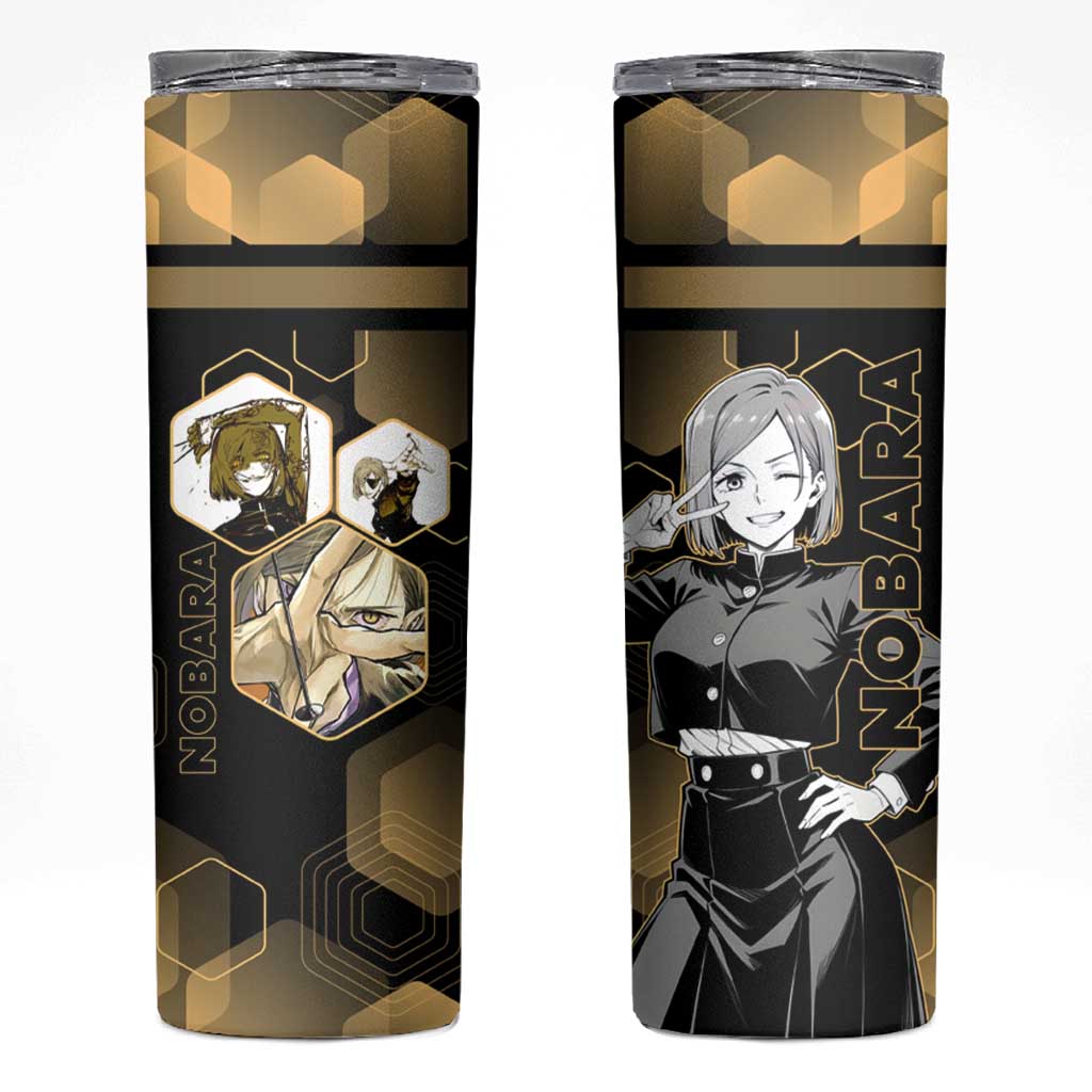 Nobara Kugisaki Jujutsu Kaisen Gold Hexagon Design Skinny Tumbler with Confident Expressions and Manga Style Art - The Mazicc