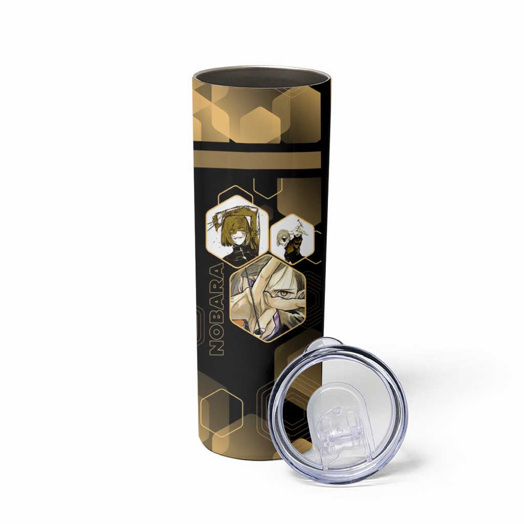 Nobara Kugisaki Jujutsu Kaisen Gold Hexagon Design Skinny Tumbler with Confident Expressions and Manga Style Art - The Mazicc
