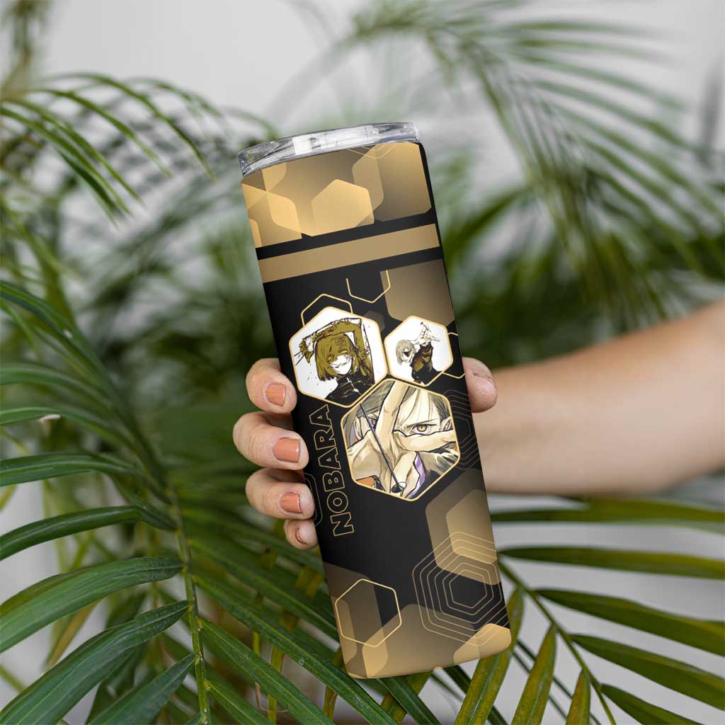 Nobara Kugisaki Jujutsu Kaisen Gold Hexagon Design Skinny Tumbler with Confident Expressions and Manga Style Art - The Mazicc