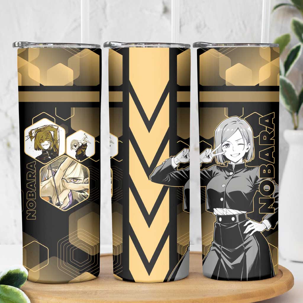 Nobara Kugisaki Jujutsu Kaisen Gold Hexagon Design Skinny Tumbler with Confident Expressions and Manga Style Art - The Mazicc