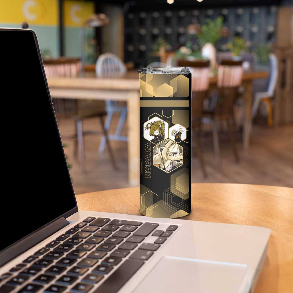 Nobara Kugisaki Jujutsu Kaisen Gold Hexagon Design Skinny Tumbler with Confident Expressions and Manga Style Art - The Mazicc