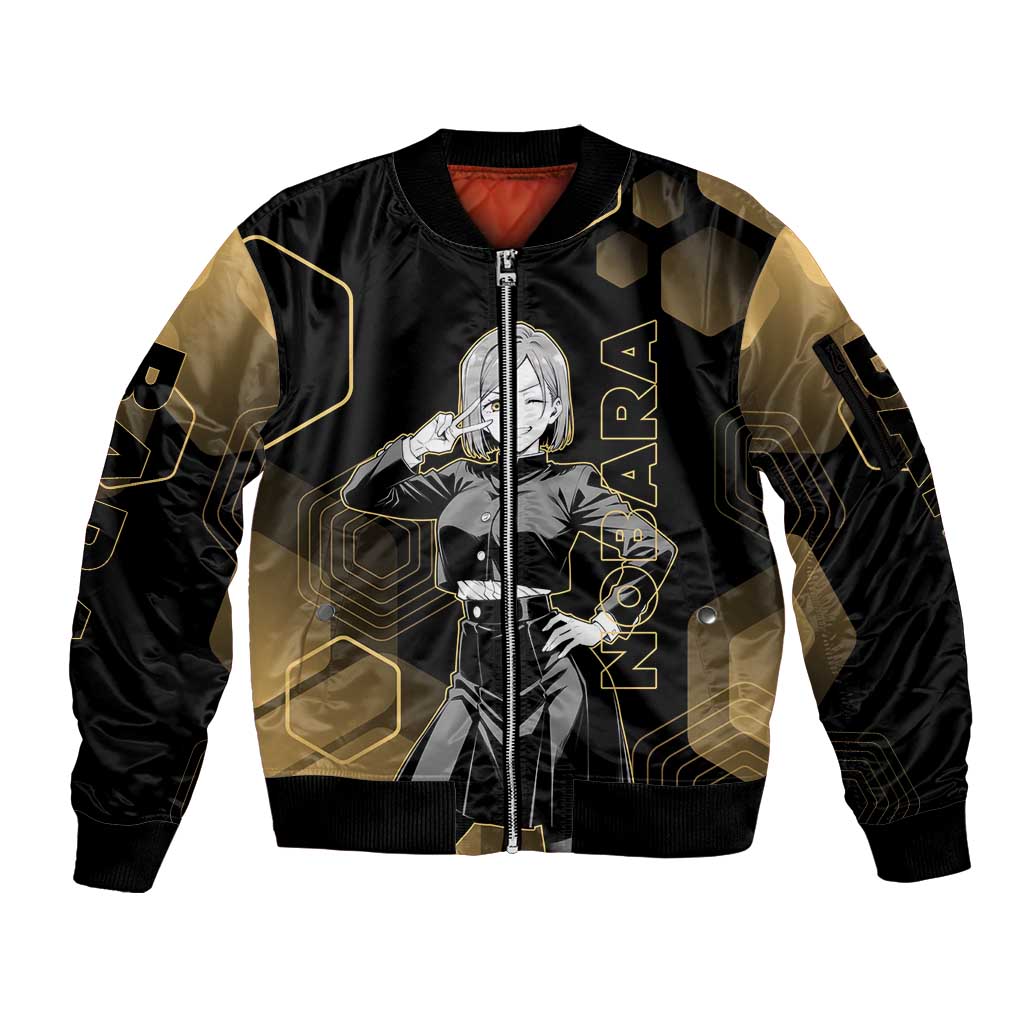 Nobara Kugisaki Jujutsu Kaisen Gold Hexagon Design Sleeve Zip Bomber Jacket with Confident Expressions and Manga Style Art - The Mazicc