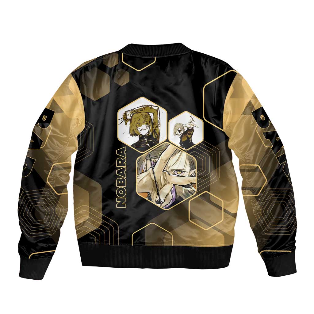 Nobara Kugisaki Jujutsu Kaisen Gold Hexagon Design Sleeve Zip Bomber Jacket with Confident Expressions and Manga Style Art - The Mazicc