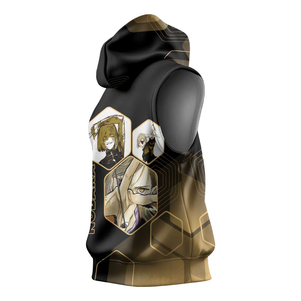 Nobara Kugisaki Jujutsu Kaisen Gold Hexagon Design Sleeveless Hoodie with Confident Expressions and Manga Style Art - The Mazicc