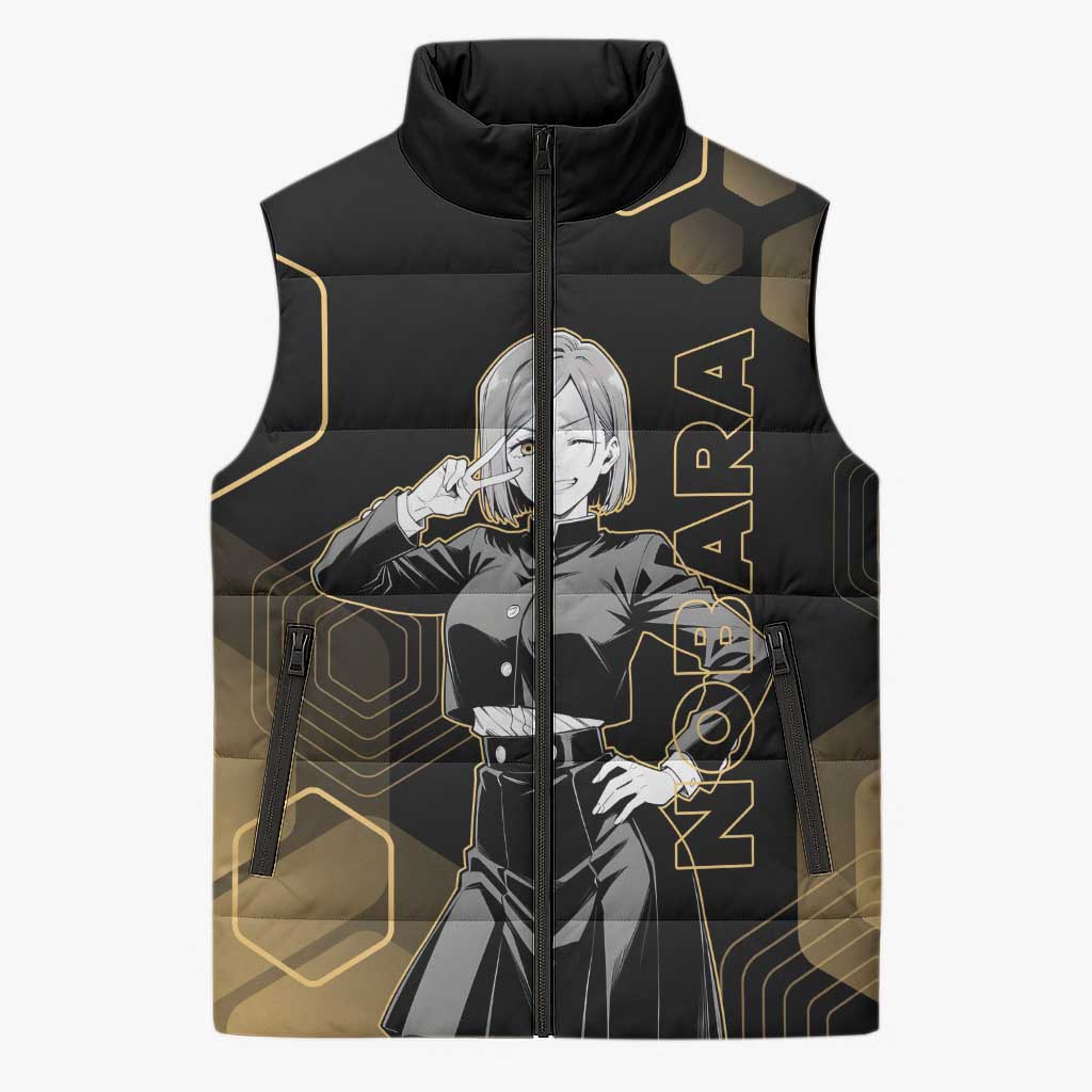 Nobara Kugisaki Jujutsu Kaisen Gold Hexagon Design Sleeveless Puffer Jacket with Confident Expressions and Manga Style Art - The Mazicc