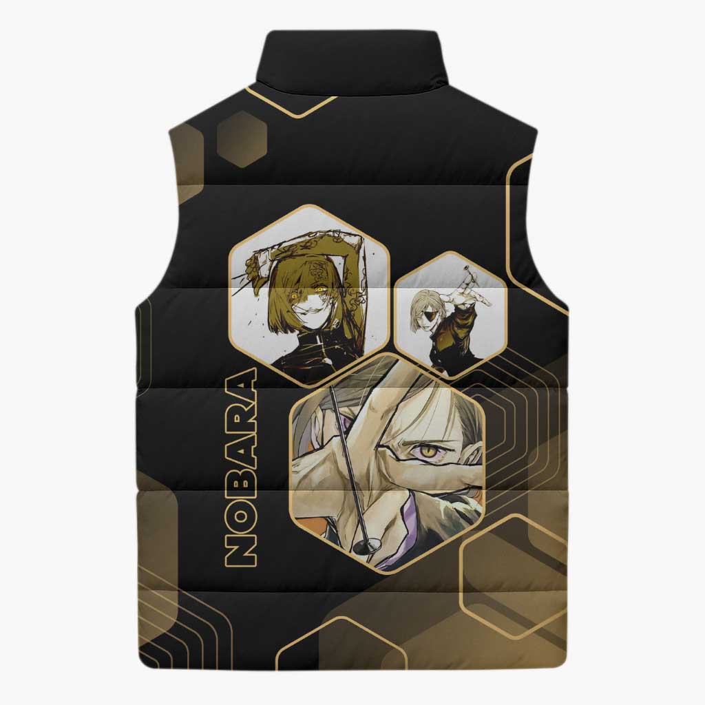 Nobara Kugisaki Jujutsu Kaisen Gold Hexagon Design Sleeveless Puffer Jacket with Confident Expressions and Manga Style Art - The Mazicc
