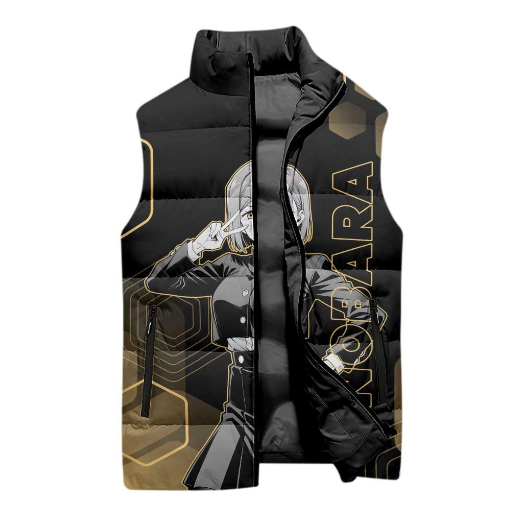 Nobara Kugisaki Jujutsu Kaisen Gold Hexagon Design Sleeveless Puffer Jacket with Confident Expressions and Manga Style Art - The Mazicc