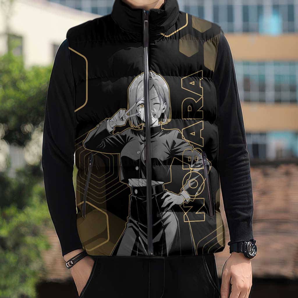 Nobara Kugisaki Jujutsu Kaisen Gold Hexagon Design Sleeveless Puffer Jacket with Confident Expressions and Manga Style Art - The Mazicc
