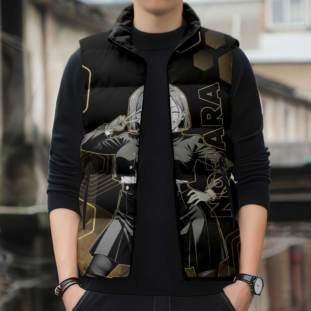 Nobara Kugisaki Jujutsu Kaisen Gold Hexagon Design Sleeveless Puffer Jacket with Confident Expressions and Manga Style Art - The Mazicc