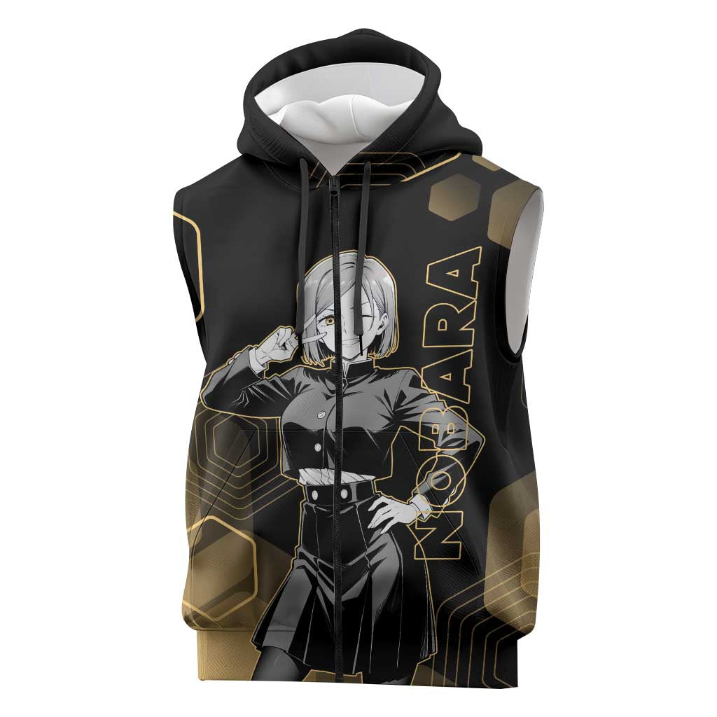 Nobara Kugisaki Jujutsu Kaisen Gold Hexagon Design Sleeveless Zip Hoodie with Confident Expressions and Manga Style Art - The Mazicc