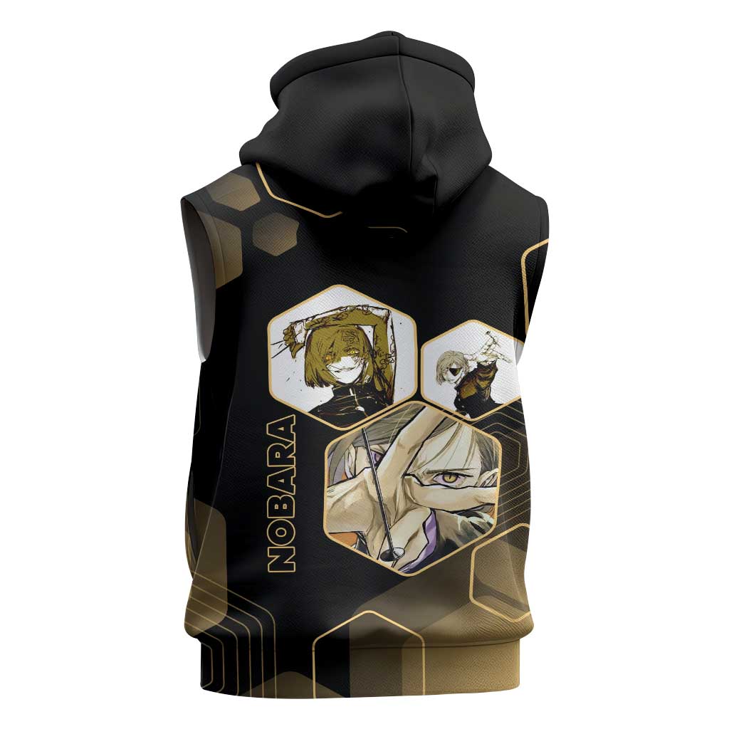 Nobara Kugisaki Jujutsu Kaisen Gold Hexagon Design Sleeveless Zip Hoodie with Confident Expressions and Manga Style Art - The Mazicc