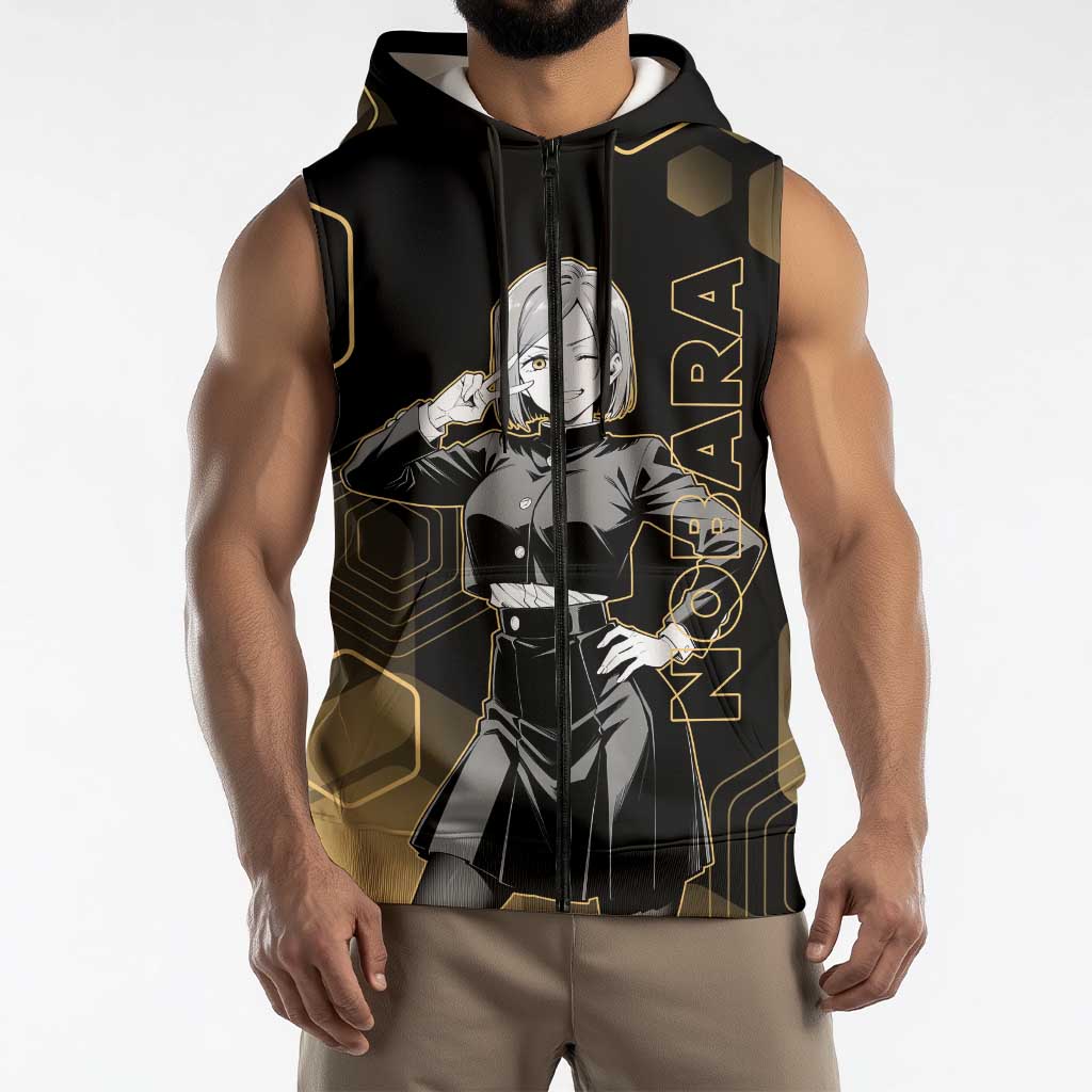 Nobara Kugisaki Jujutsu Kaisen Gold Hexagon Design Sleeveless Zip Hoodie with Confident Expressions and Manga Style Art - The Mazicc