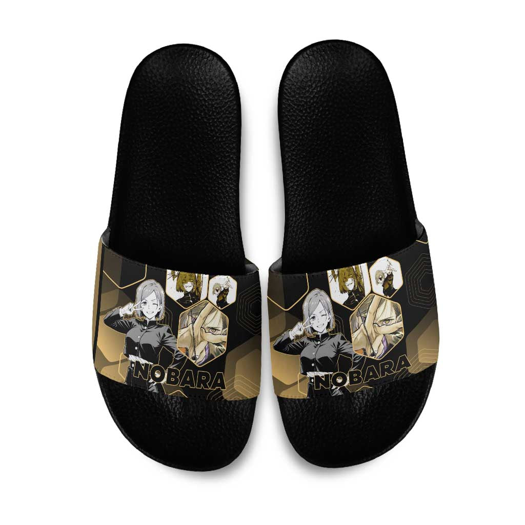 Nobara Kugisaki Jujutsu Kaisen Gold Hexagon Design Slide Sandals with Confident Expressions and Manga Style Art - The Mazicc