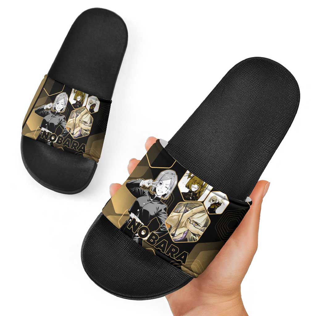 Nobara Kugisaki Jujutsu Kaisen Gold Hexagon Design Slide Sandals with Confident Expressions and Manga Style Art - The Mazicc