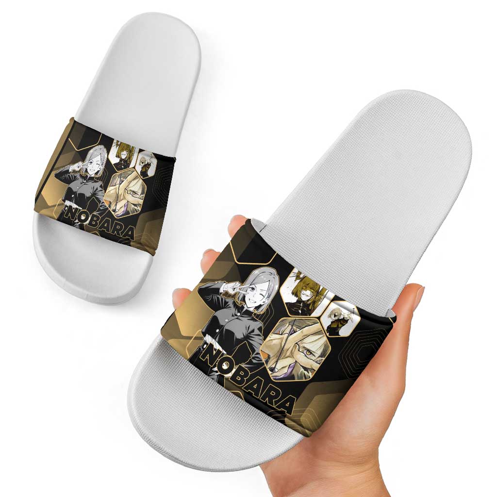 Nobara Kugisaki Jujutsu Kaisen Gold Hexagon Design Slide Sandals with Confident Expressions and Manga Style Art - The Mazicc