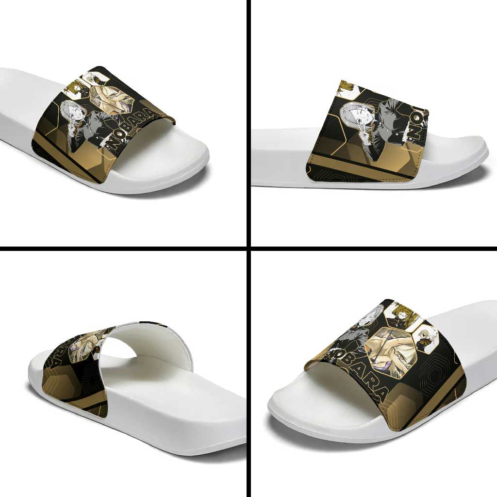 Nobara Kugisaki Jujutsu Kaisen Gold Hexagon Design Slide Sandals with Confident Expressions and Manga Style Art - The Mazicc