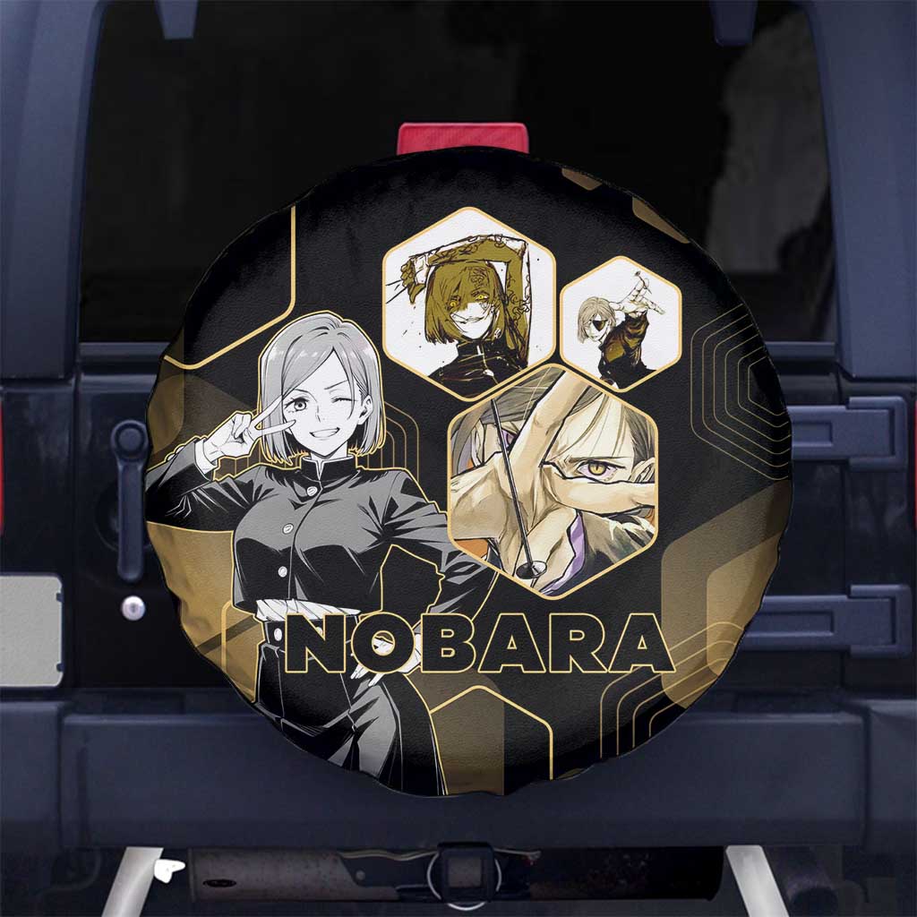 Nobara Kugisaki Jujutsu Kaisen Gold Hexagon Design Spare Tire Cover with Confident Expressions and Manga Style Art - The Mazicc