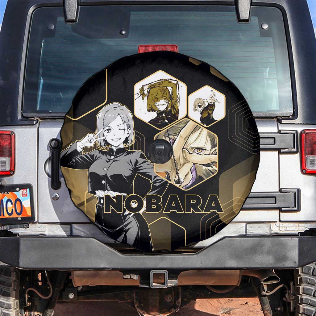 Nobara Kugisaki Jujutsu Kaisen Gold Hexagon Design Spare Tire Cover with Confident Expressions and Manga Style Art - The Mazicc