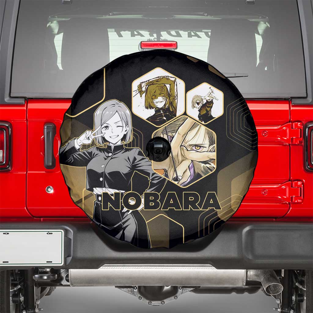 Nobara Kugisaki Jujutsu Kaisen Gold Hexagon Design Spare Tire Cover with Confident Expressions and Manga Style Art - The Mazicc