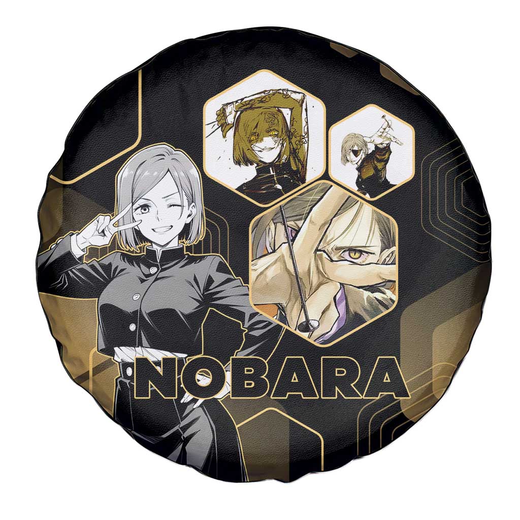 Nobara Kugisaki Jujutsu Kaisen Gold Hexagon Design Spare Tire Cover with Confident Expressions and Manga Style Art - The Mazicc