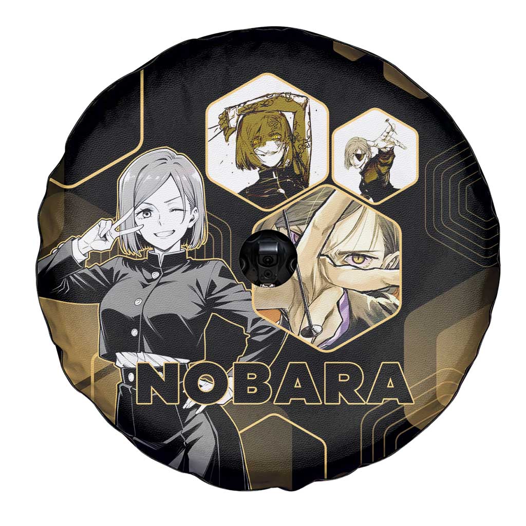 Nobara Kugisaki Jujutsu Kaisen Gold Hexagon Design Spare Tire Cover with Confident Expressions and Manga Style Art - The Mazicc