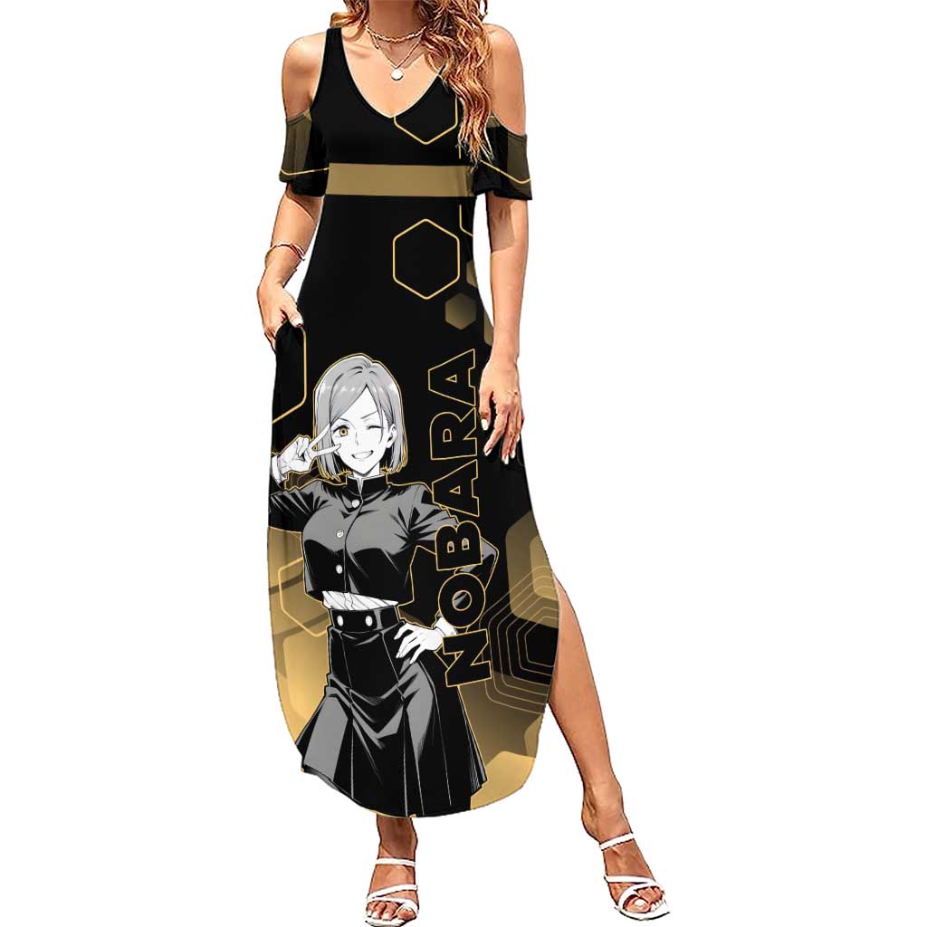 Nobara Kugisaki Jujutsu Kaisen Gold Hexagon Design Summer Maxi Dress with Confident Expressions and Manga Style Art - The Mazicc