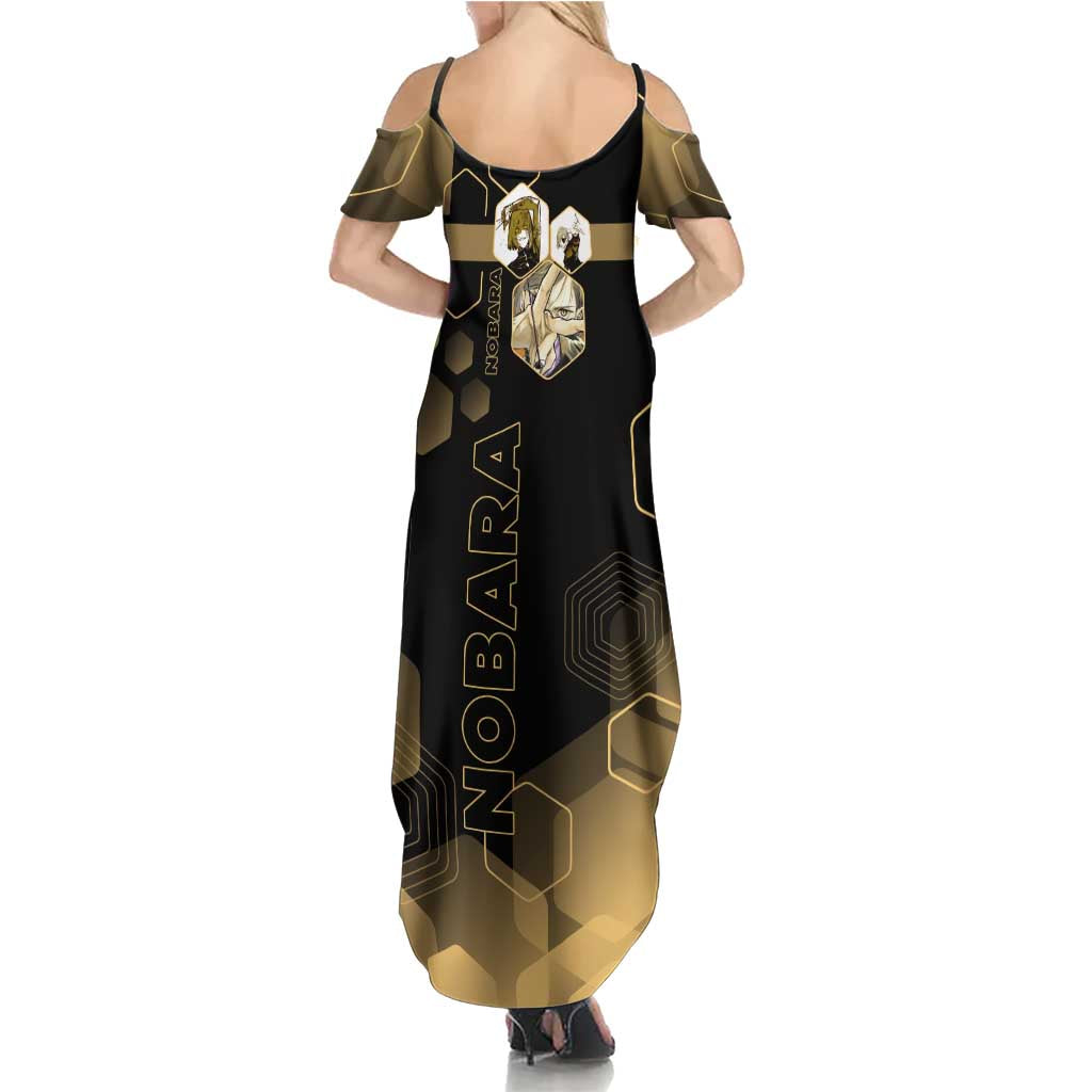Nobara Kugisaki Jujutsu Kaisen Gold Hexagon Design Summer Maxi Dress with Confident Expressions and Manga Style Art - The Mazicc