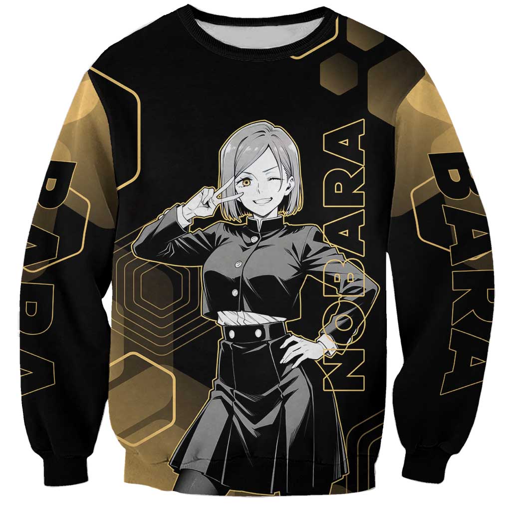 Nobara Kugisaki Jujutsu Kaisen Gold Hexagon Design Sweatshirt with Confident Expressions and Manga Style Art - The Mazicc