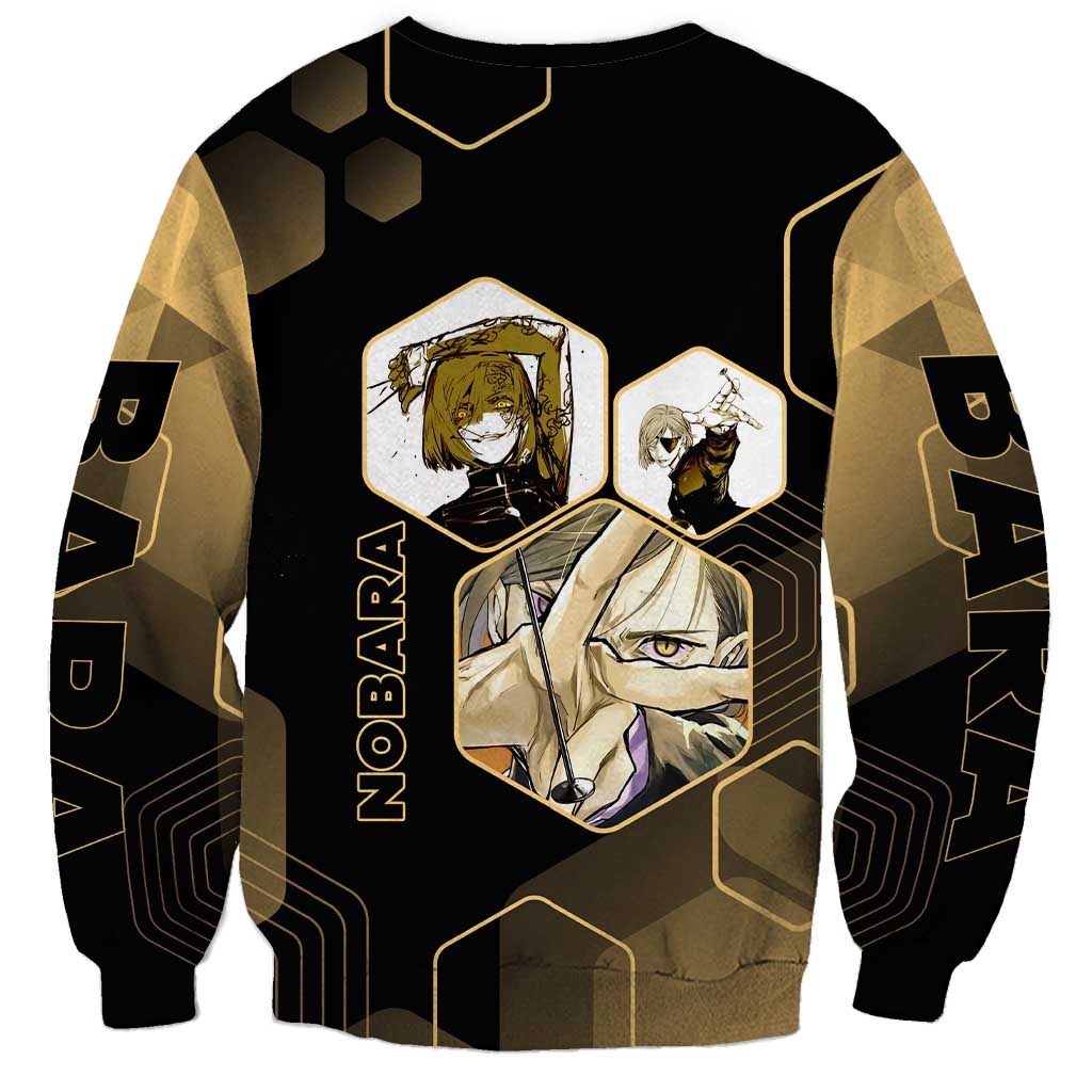 Nobara Kugisaki Jujutsu Kaisen Gold Hexagon Design Sweatshirt with Confident Expressions and Manga Style Art - The Mazicc