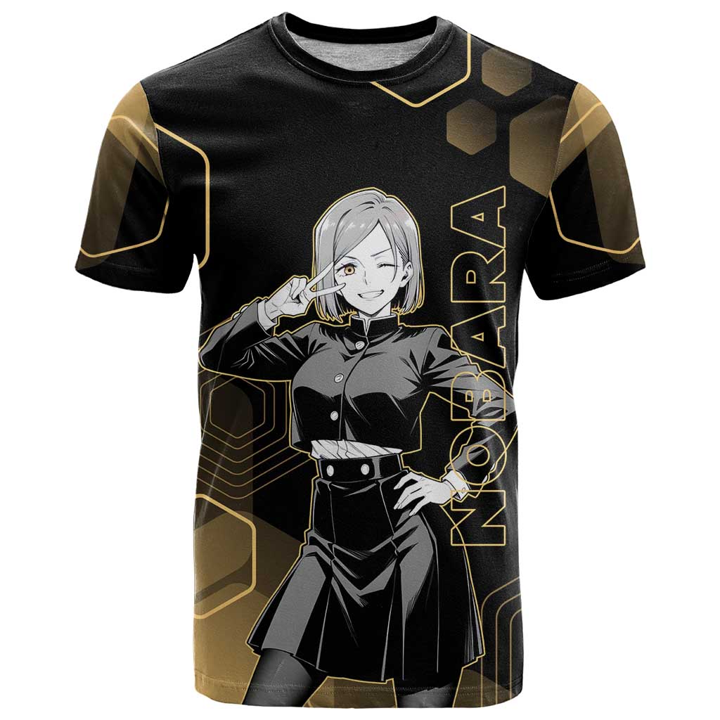 Nobara Kugisaki Jujutsu Kaisen Gold Hexagon Design T Shirt with Confident Expressions and Manga Style Art - The Mazicc