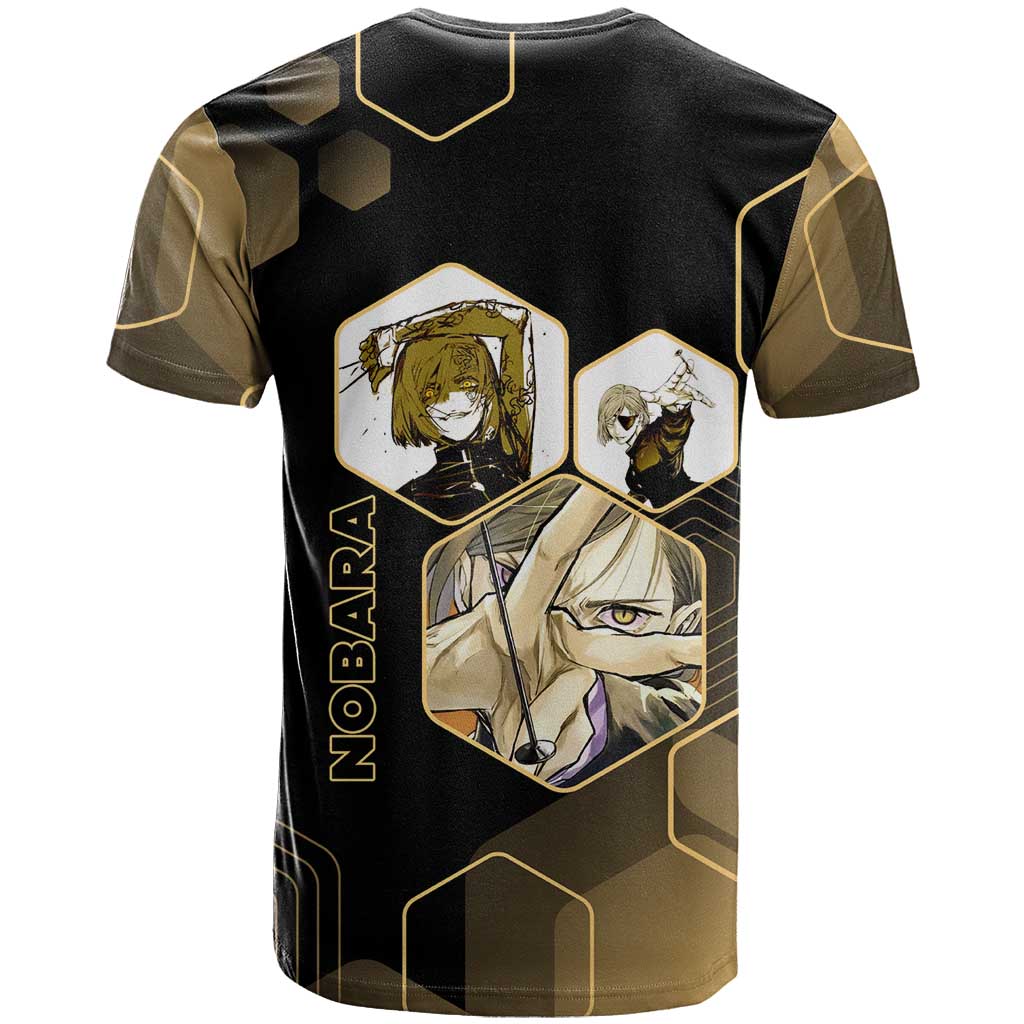 Nobara Kugisaki Jujutsu Kaisen Gold Hexagon Design T Shirt with Confident Expressions and Manga Style Art - The Mazicc